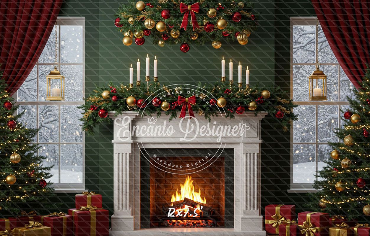 Fireplace Candles Window Christmas Backdrop - Layoris
