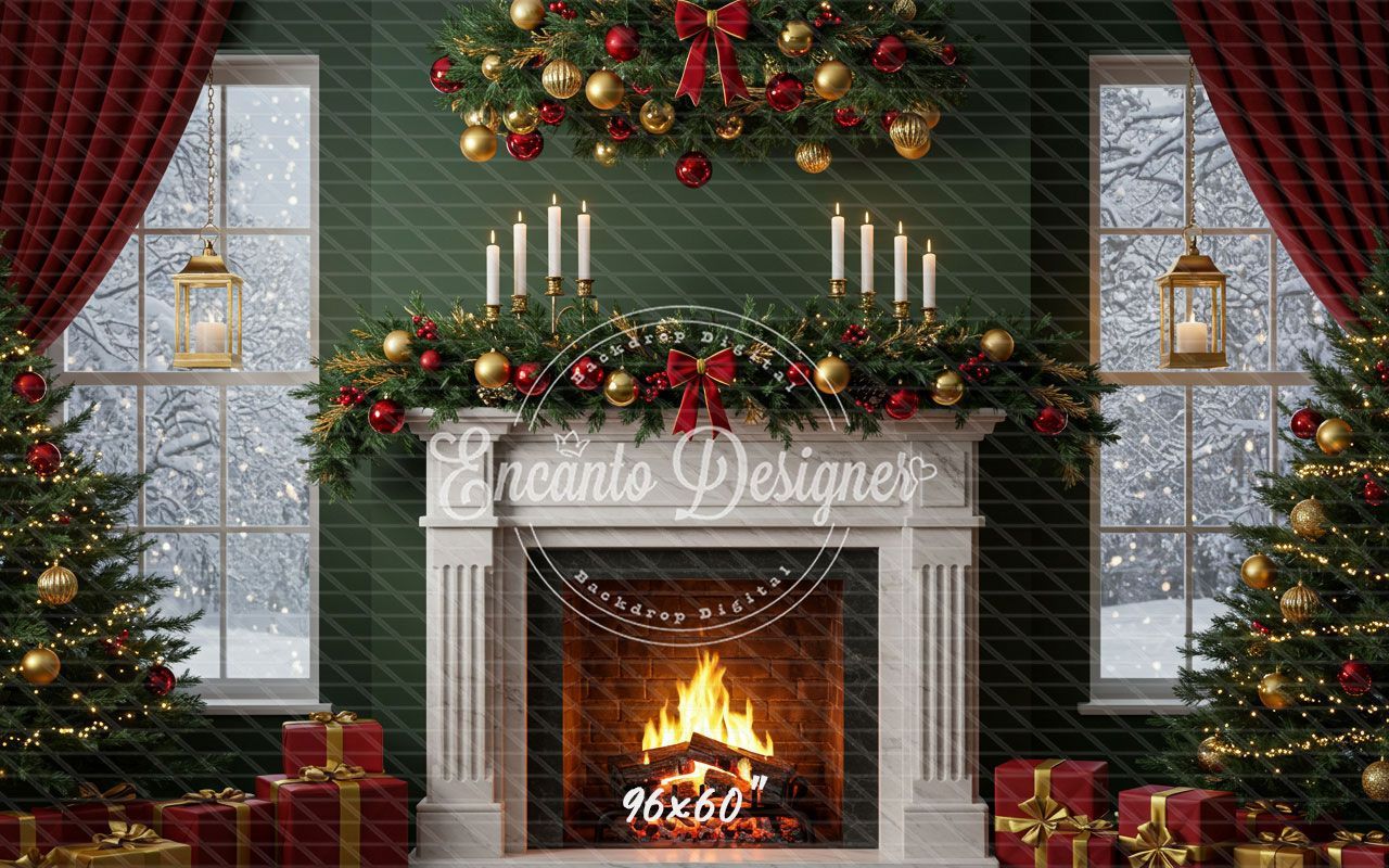 Fireplace Candles Window Christmas Backdrop - Layoris