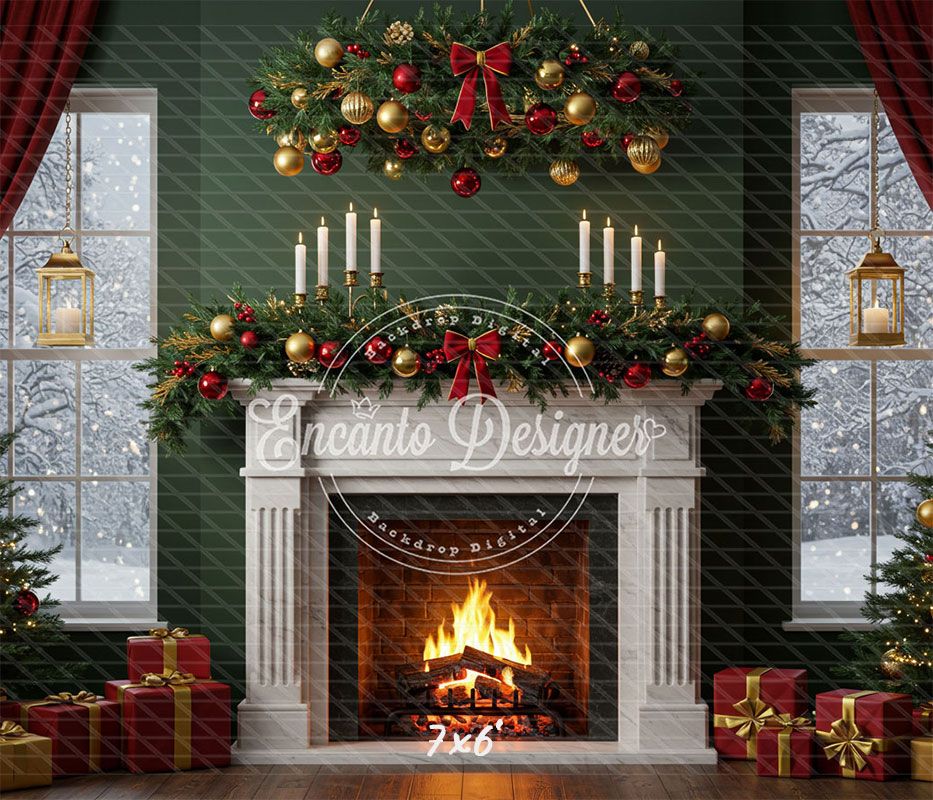 Fireplace Candles Window Christmas Backdrop - Layoris