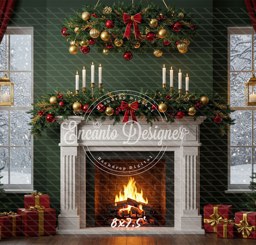 Fireplace Candles Window Christmas Backdrop - Layoris
