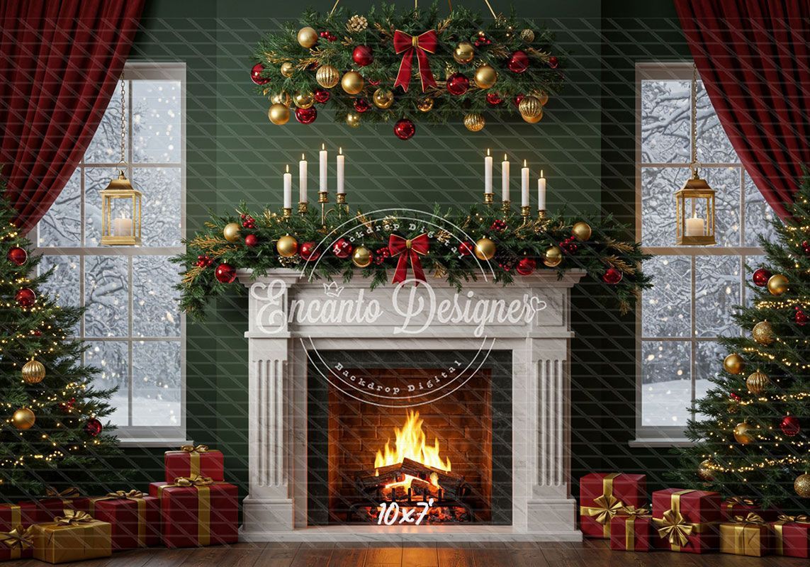 Fireplace Candles Window Christmas Backdrop - Layoris