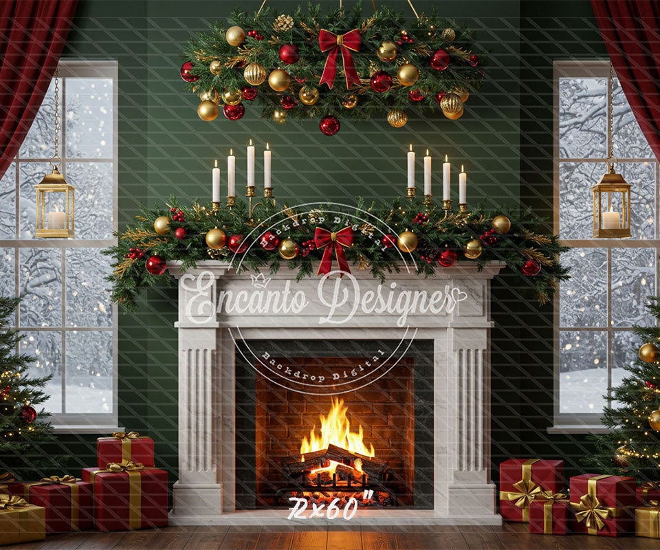 Fireplace Candles Window Christmas Backdrop - Layoris