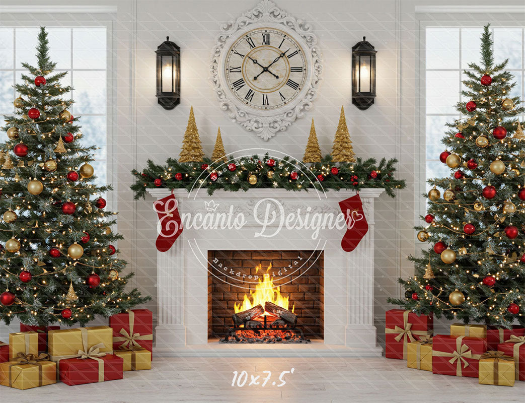 White Room Fireplace Window Christmas Backdrop - Layoris