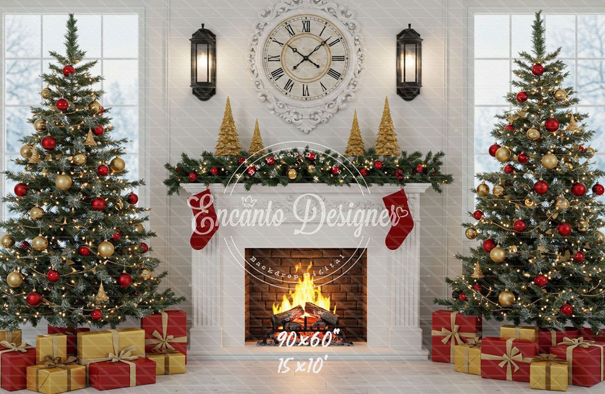 White Room Fireplace Window Christmas Backdrop - Layoris