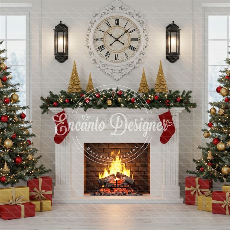 White Room Fireplace Window Christmas Backdrop - Layoris