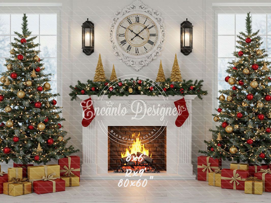 White Room Fireplace Window Christmas Backdrop - Layoris