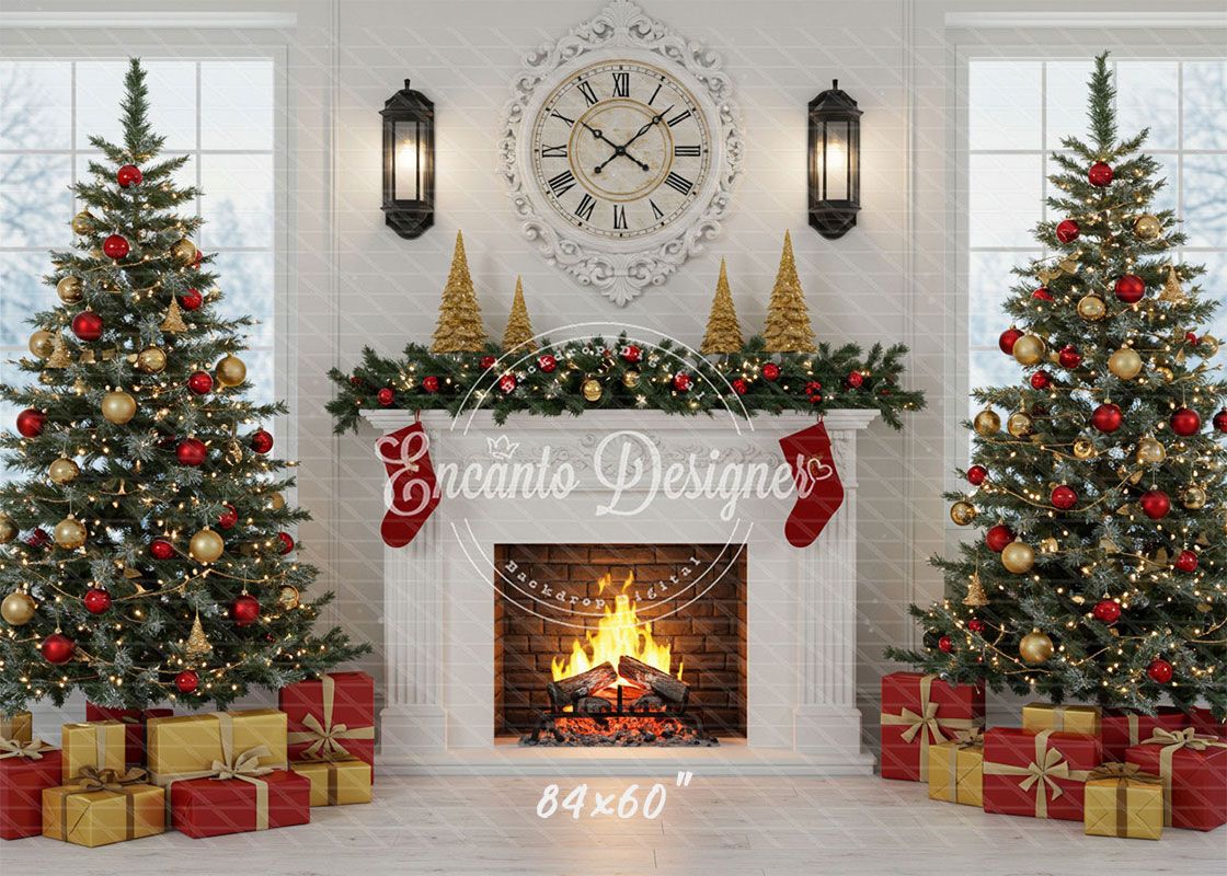 White Room Fireplace Window Christmas Backdrop - Layoris