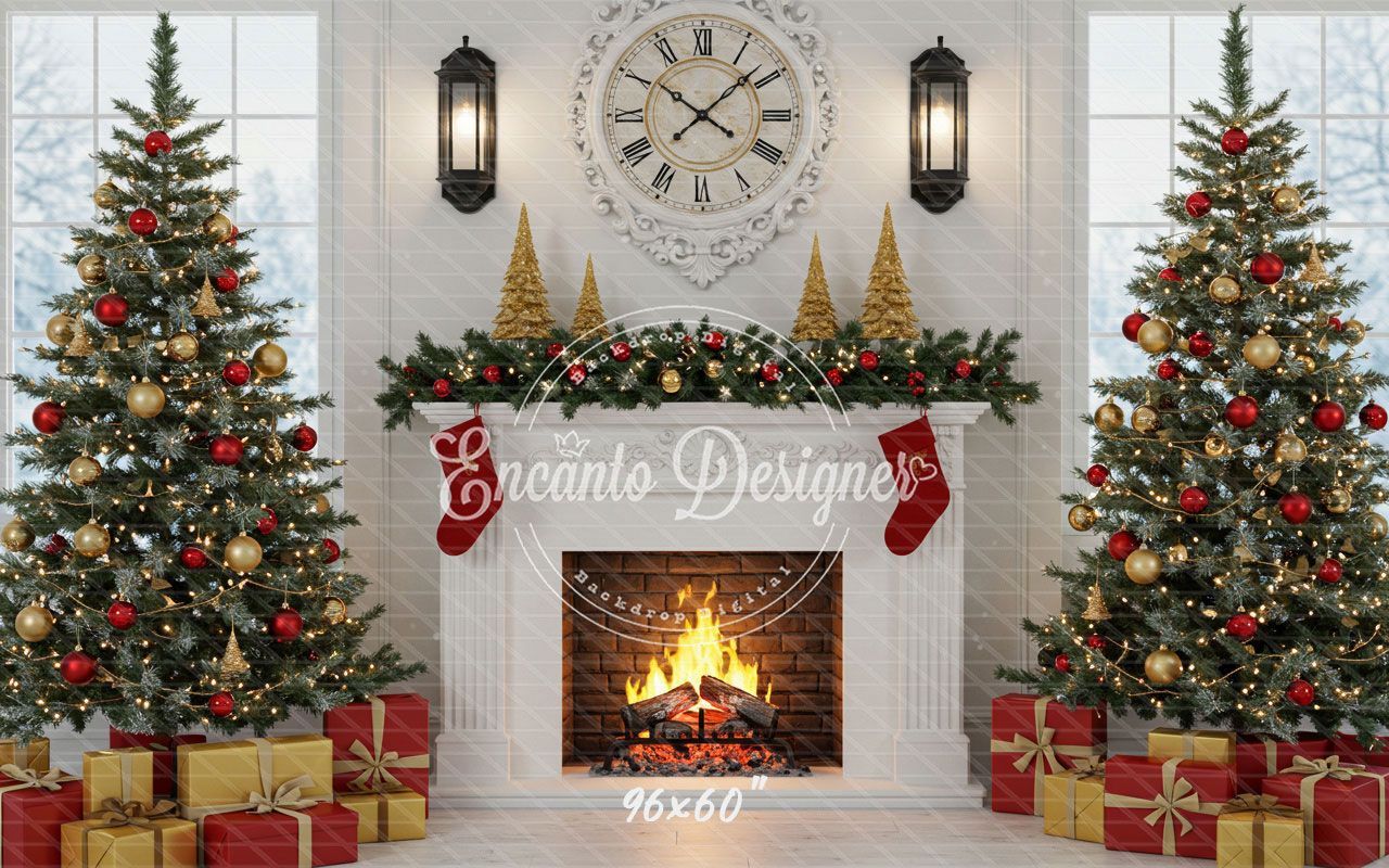 White Room Fireplace Window Christmas Backdrop - Layoris