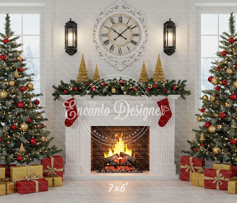 White Room Fireplace Window Christmas Backdrop - Layoris