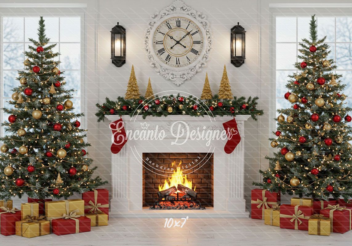 White Room Fireplace Window Christmas Backdrop - Layoris
