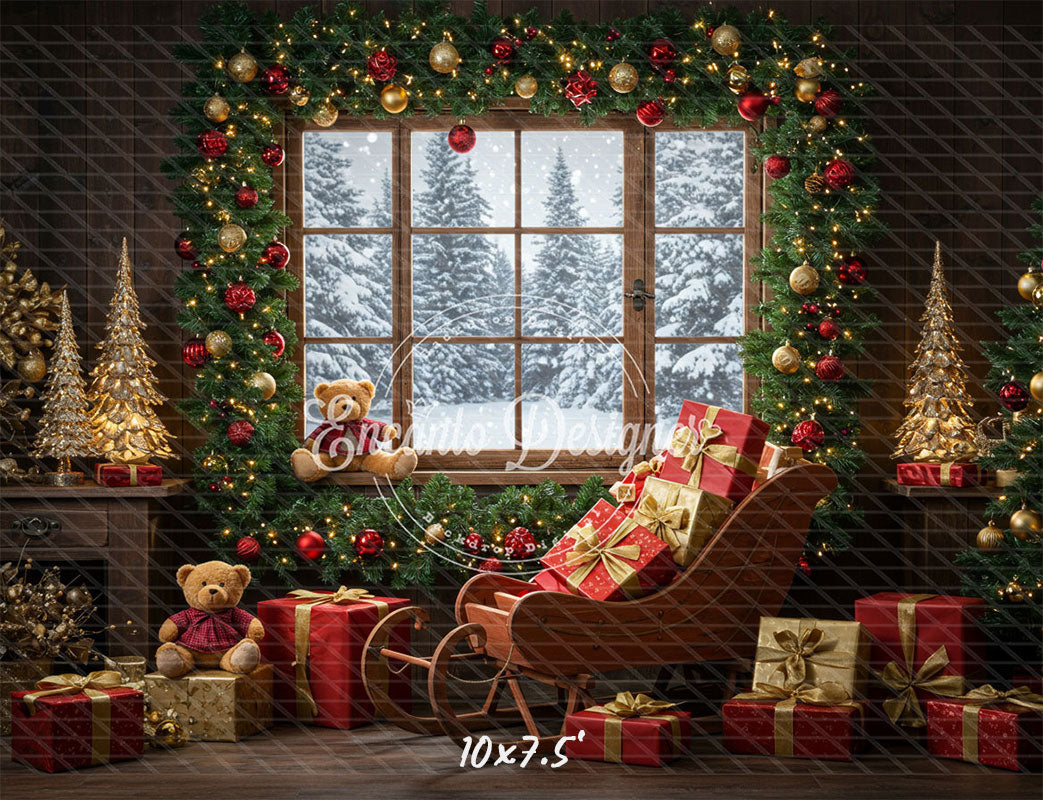 Vintage Wooden Window View Christmas Backdrop - Layoris