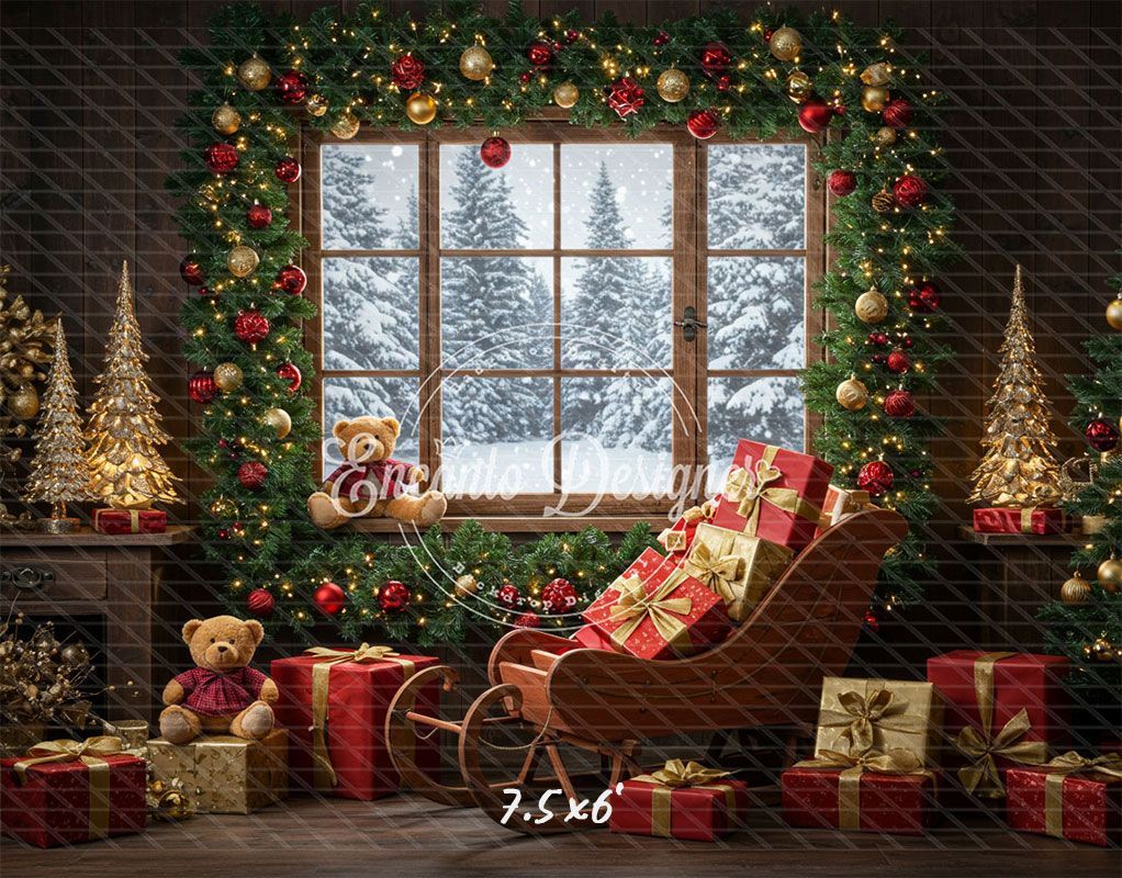 Vintage Wooden Window View Christmas Backdrop - Layoris