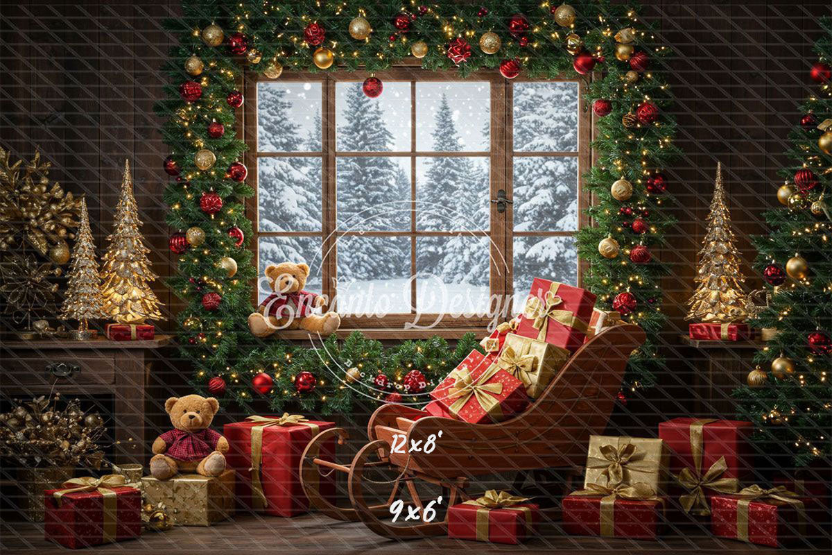Vintage Wooden Window View Christmas Backdrop - Layoris