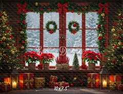 Vintage Red Window Poinsettia Christmas Backdrop - Layoris