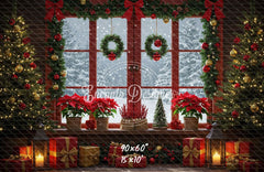 Vintage Red Window Poinsettia Christmas Backdrop - Layoris