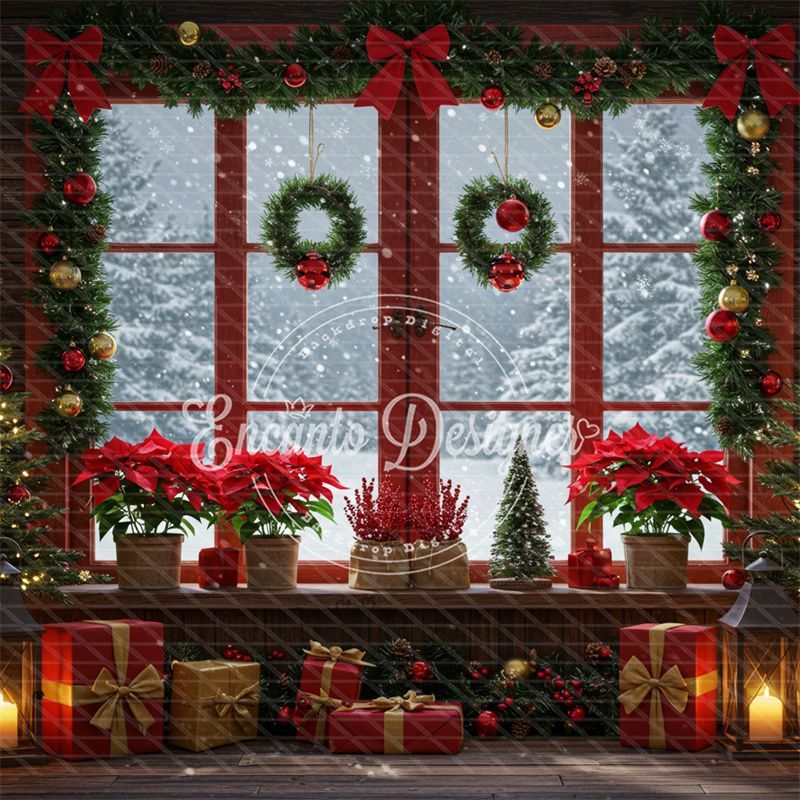 Vintage Red Window Poinsettia Christmas Backdrop - Layoris