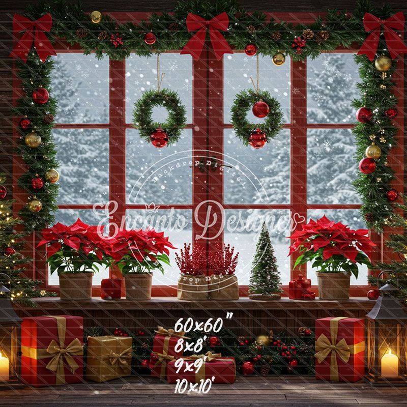 Vintage Red Window Poinsettia Christmas Backdrop - Layoris