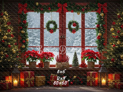 Vintage Red Window Poinsettia Christmas Backdrop - Layoris