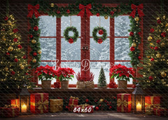 Vintage Red Window Poinsettia Christmas Backdrop - Layoris