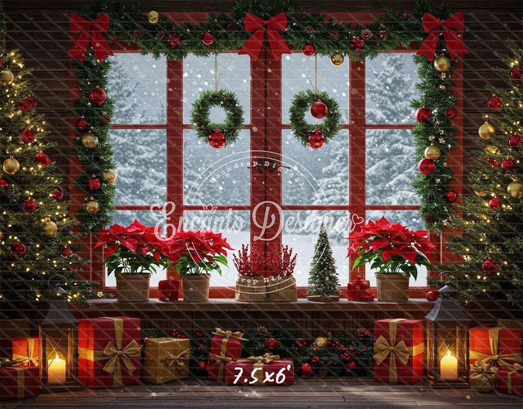 Vintage Red Window Poinsettia Christmas Backdrop - Layoris