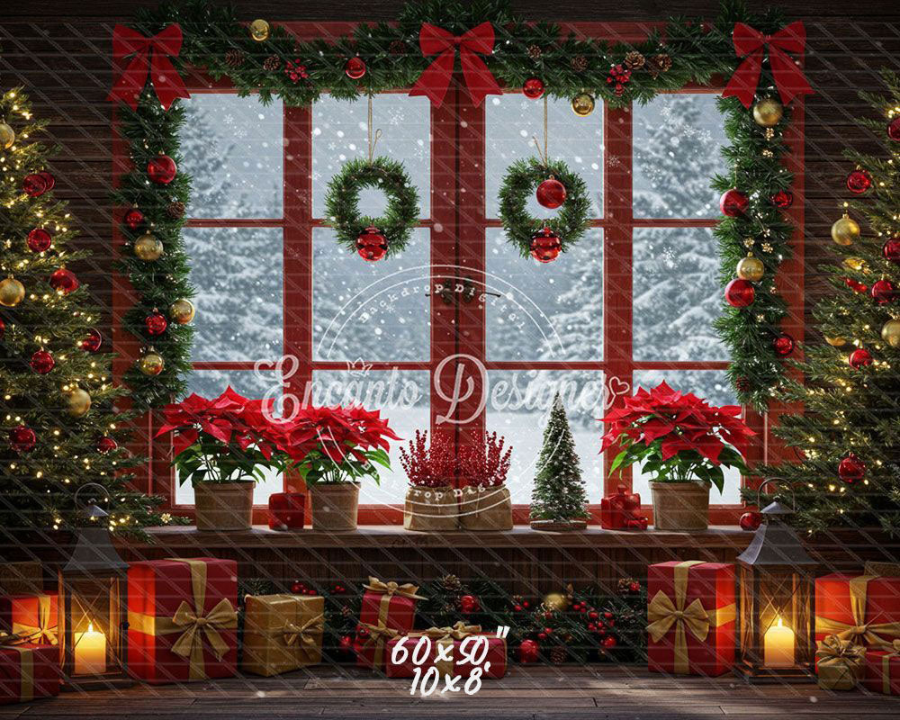 Vintage Red Window Poinsettia Christmas Backdrop - Layoris