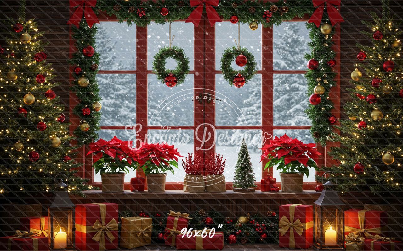 Vintage Red Window Poinsettia Christmas Backdrop - Layoris