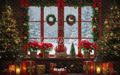 Vintage Red Window Poinsettia Christmas Backdrop - Layoris