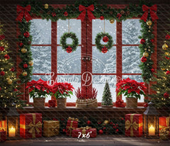 Vintage Red Window Poinsettia Christmas Backdrop - Layoris