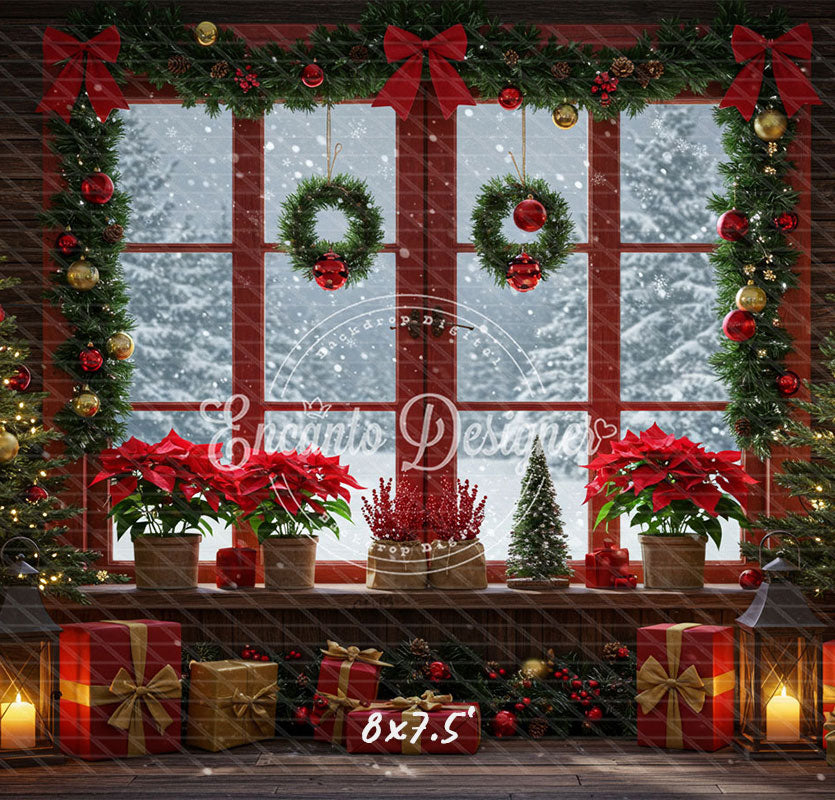 Vintage Red Window Poinsettia Christmas Backdrop - Layoris