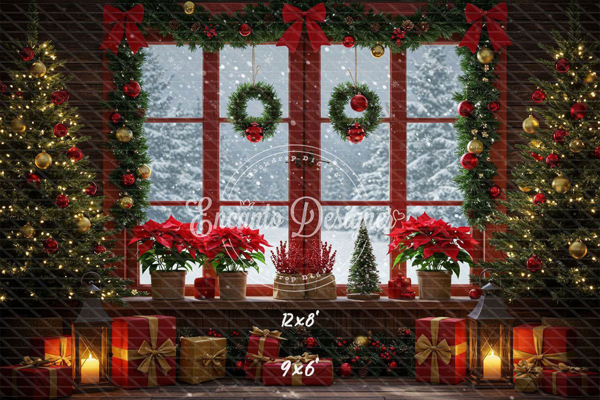 Vintage Red Window Poinsettia Christmas Backdrop - Layoris
