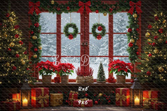 Vintage Red Window Poinsettia Christmas Backdrop - Layoris