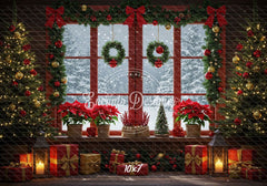 Vintage Red Window Poinsettia Christmas Backdrop - Layoris