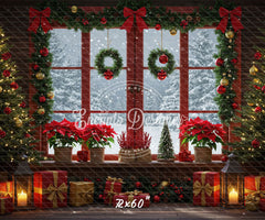 Vintage Red Window Poinsettia Christmas Backdrop - Layoris