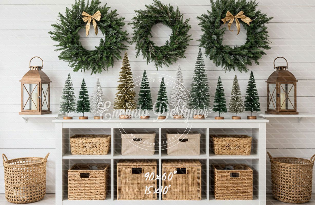 Minimalist Fresh Green Wreaths Christmas Backdrop - Layoris
