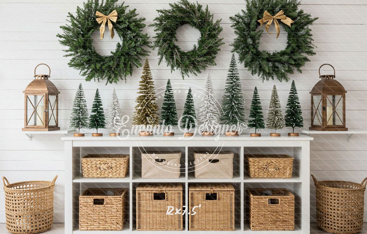 Minimalist Fresh Green Wreaths Christmas Backdrop - Layoris
