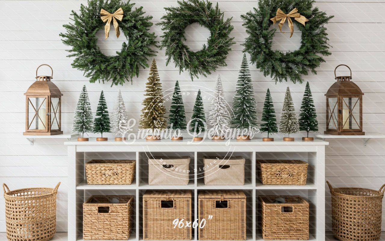 Minimalist Fresh Green Wreaths Christmas Backdrop - Layoris