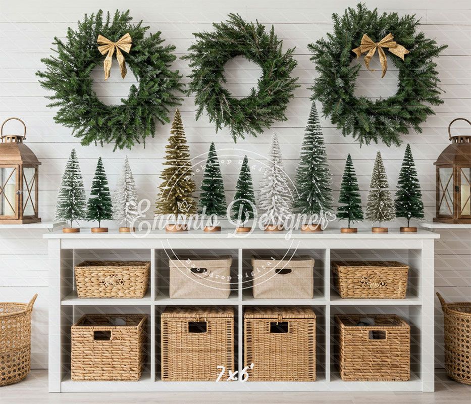 Minimalist Fresh Green Wreaths Christmas Backdrop - Layoris