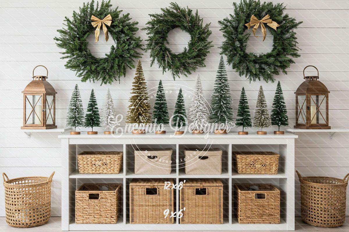 Minimalist Fresh Green Wreaths Christmas Backdrop - Layoris