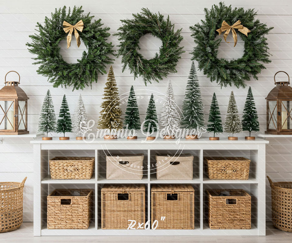 Minimalist Fresh Green Wreaths Christmas Backdrop - Layoris