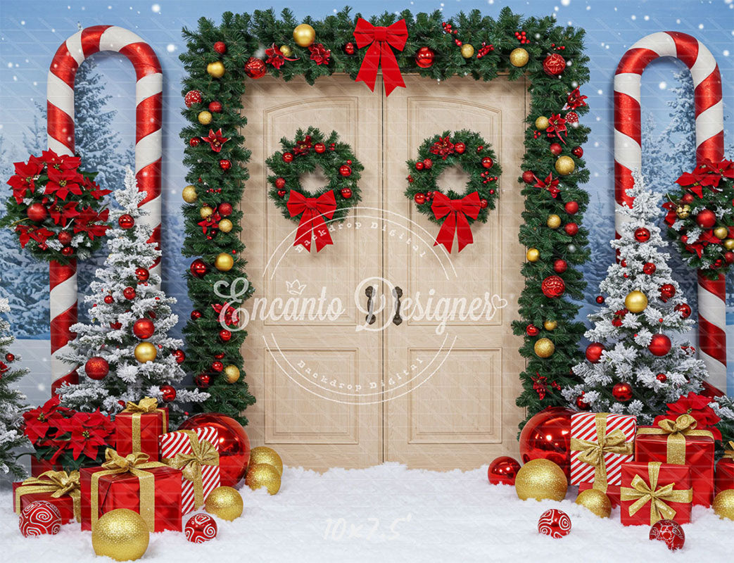 Wreaths Candy Canes Wooden Door Christmas Backdrop - Layoris