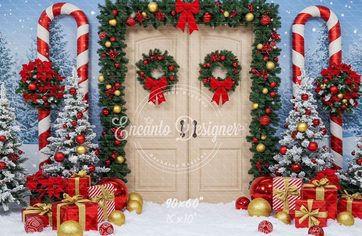 Wreaths Candy Canes Wooden Door Christmas Backdrop - Layoris