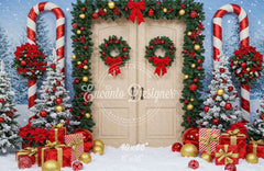 Wreaths Candy Canes Wooden Door Christmas Backdrop - Layoris