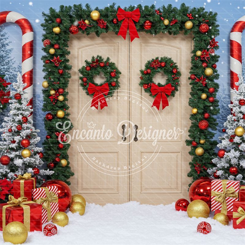 Wreaths Candy Canes Wooden Door Christmas Backdrop - Layoris