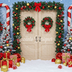 Wreaths Candy Canes Wooden Door Christmas Backdrop - Layoris