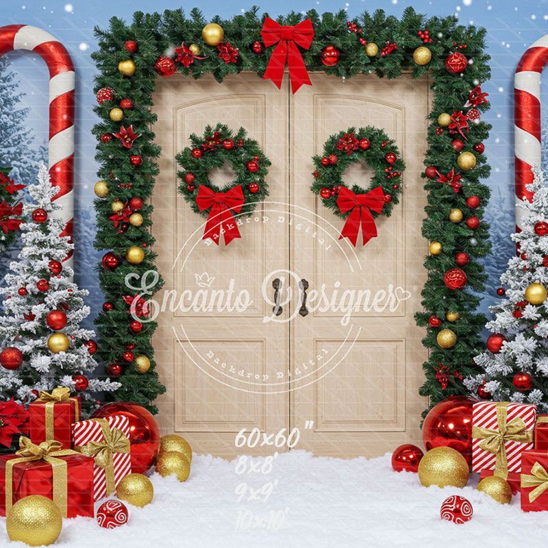 Wreaths Candy Canes Wooden Door Christmas Backdrop - Layoris