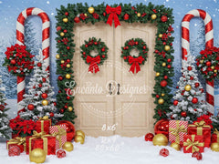 Wreaths Candy Canes Wooden Door Christmas Backdrop - Layoris