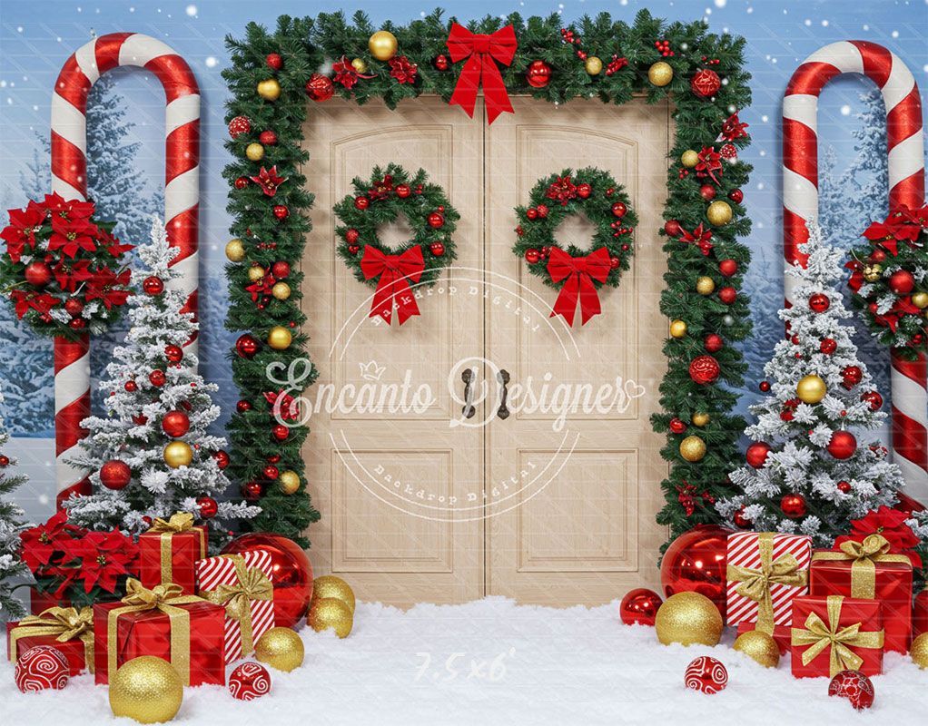 Wreaths Candy Canes Wooden Door Christmas Backdrop - Layoris