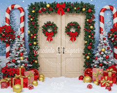 Wreaths Candy Canes Wooden Door Christmas Backdrop - Layoris
