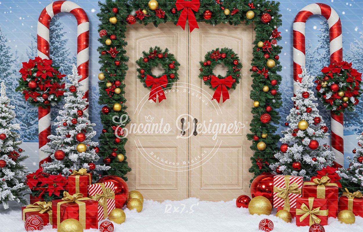 Wreaths Candy Canes Wooden Door Christmas Backdrop - Layoris