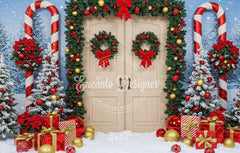 Wreaths Candy Canes Wooden Door Christmas Backdrop - Layoris